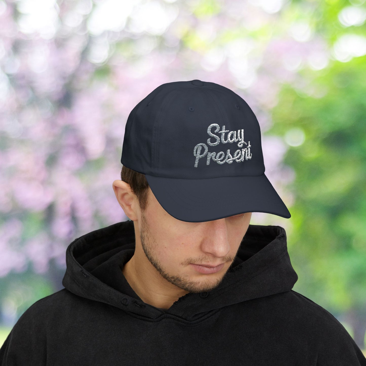 Stay Present classic baseball hat with vintage style embroidery.