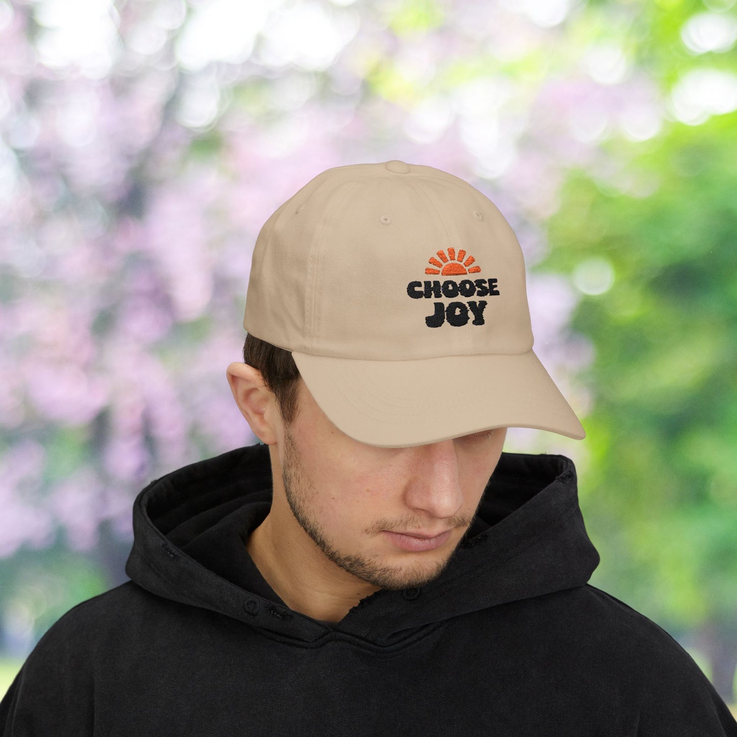 Dad hat with 'Choose Joy' and sun burst graphic.