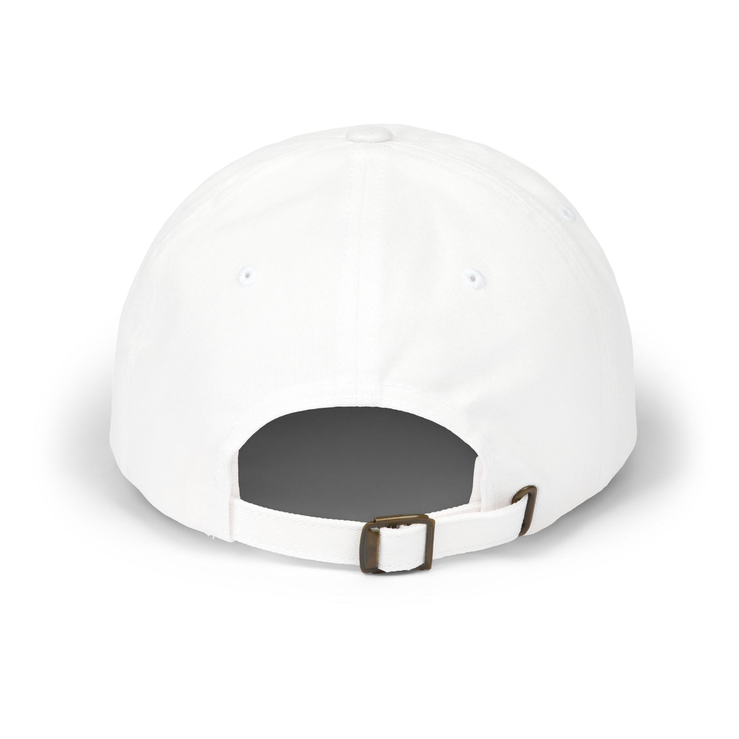 Back view of a white adjustable baseball cap.