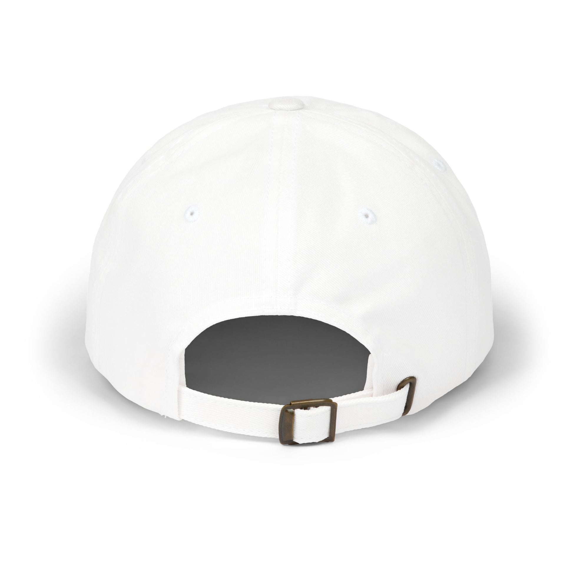 Back view of a white adjustable baseball cap.